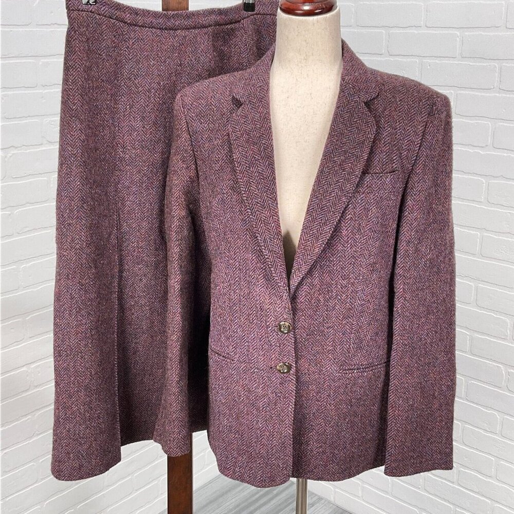 Brian Tucker Skirt Suit‎ Women14 38/29Wx30L Pink Purple Herringbone Ireland Wool
